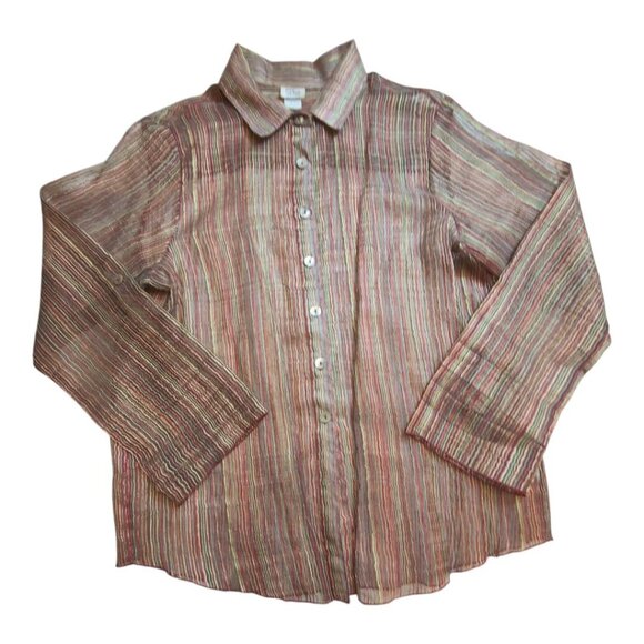 VTG Burnout Top Striped Sheer Button-Up Roll Tab Made In USA Grace & Tara Large - Picture 2 of 7